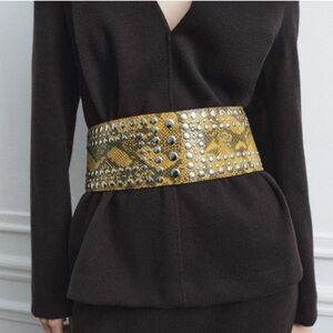 Zara animal print studded leather waist belt NWT